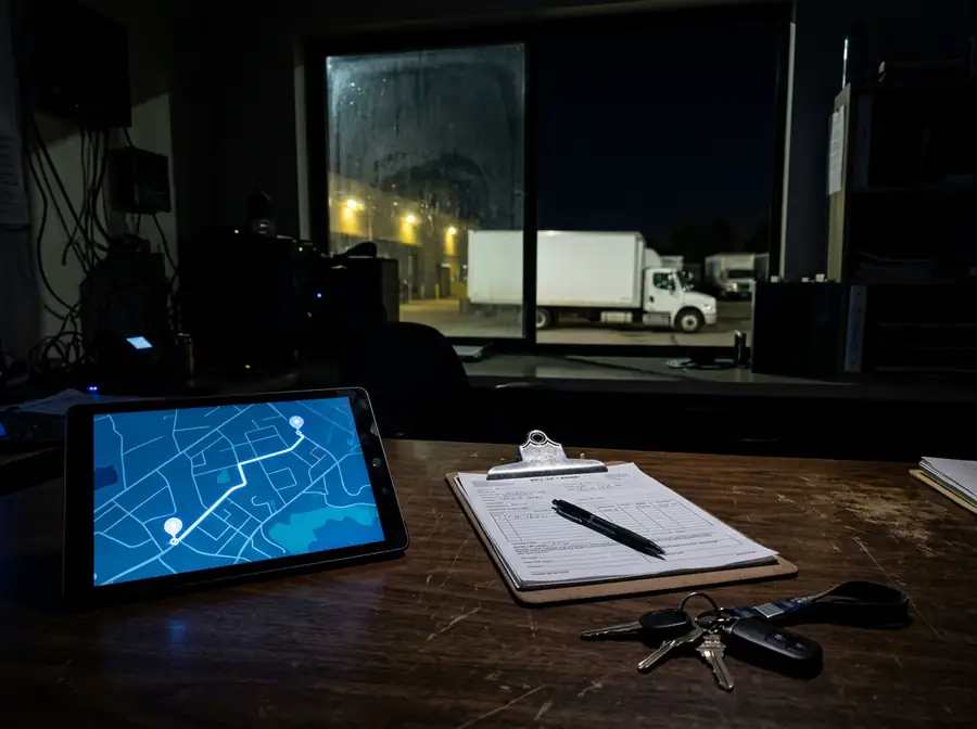 Tablet with a route map, a clipboard and keys on a dispatch desk