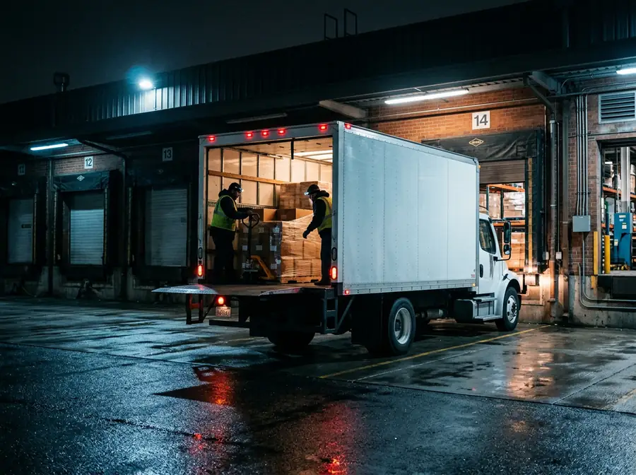 Box truck backed into a loading dock with its rear door open while pallets are loaded