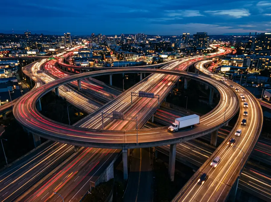 White box truck on a highway interchange at night