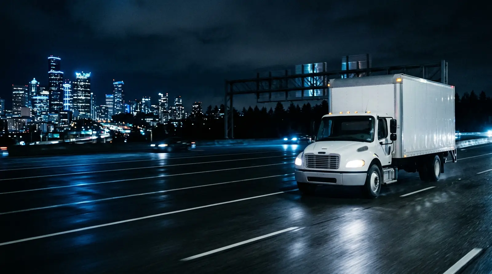 White box truck driving on a highway at night toward a lit city skyline