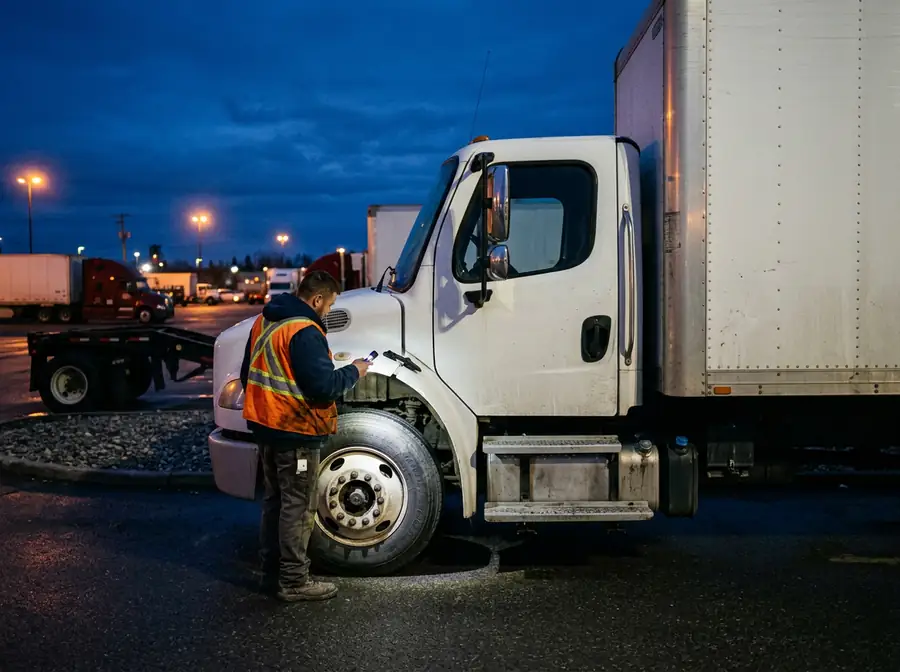 Driver in a safety vest inspecting a white box truck at dusk